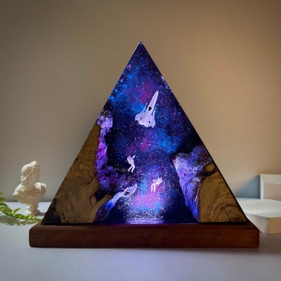 Space Resin Wood Night Light with Astronaut Rocket