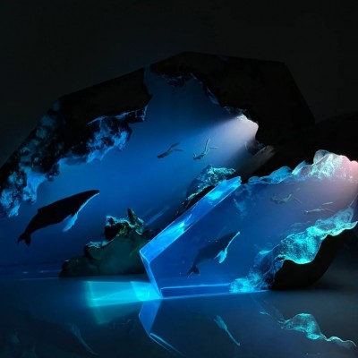 Humpback Whale Couple Diver Night Light Resin Wood Lamp Blue Ocean Miniature
