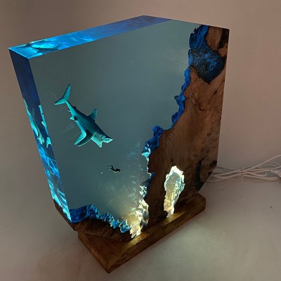 Ocean Shark Resin Night Light Diver Wooden Ornaments