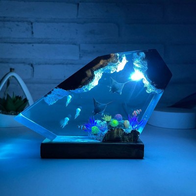 Mother and Baby Manta Rays Epoxy and Wooden Resin Night Light