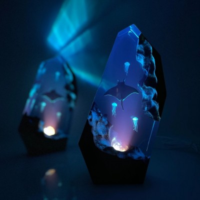HOT SALE❗❗❗Manta Rays And Jellyfish Night Light Resin Wood Lamp Blue Ocean Miniature