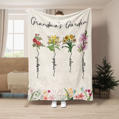  Custom Birth Flower Blanket With Grandkids Names Gift for Grandma, Mama