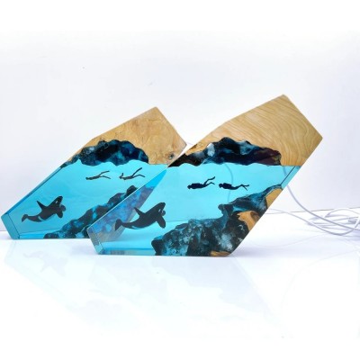 Orca And Tandem Diver Night Light Resin Wood Lamp Blue Ocean Miniature