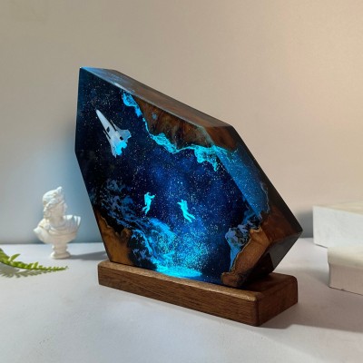 BEST SELLER❗❗Space Resin Wood Night Light with Astronaut Rocket Father's Day Gift  Children's Gift